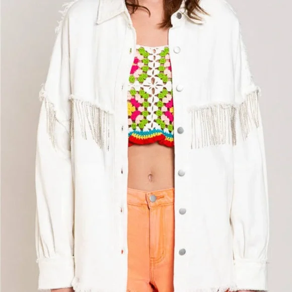 Veveret White Fringe Rhinestone Denim Tassel Jacket Size Large - Picture 6 of 16